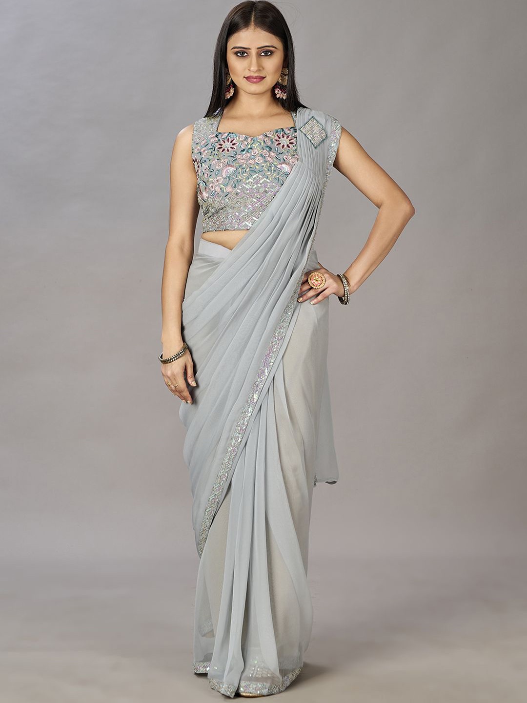 

Krimmple Pure Georgette Ready to Wear Saree, Grey