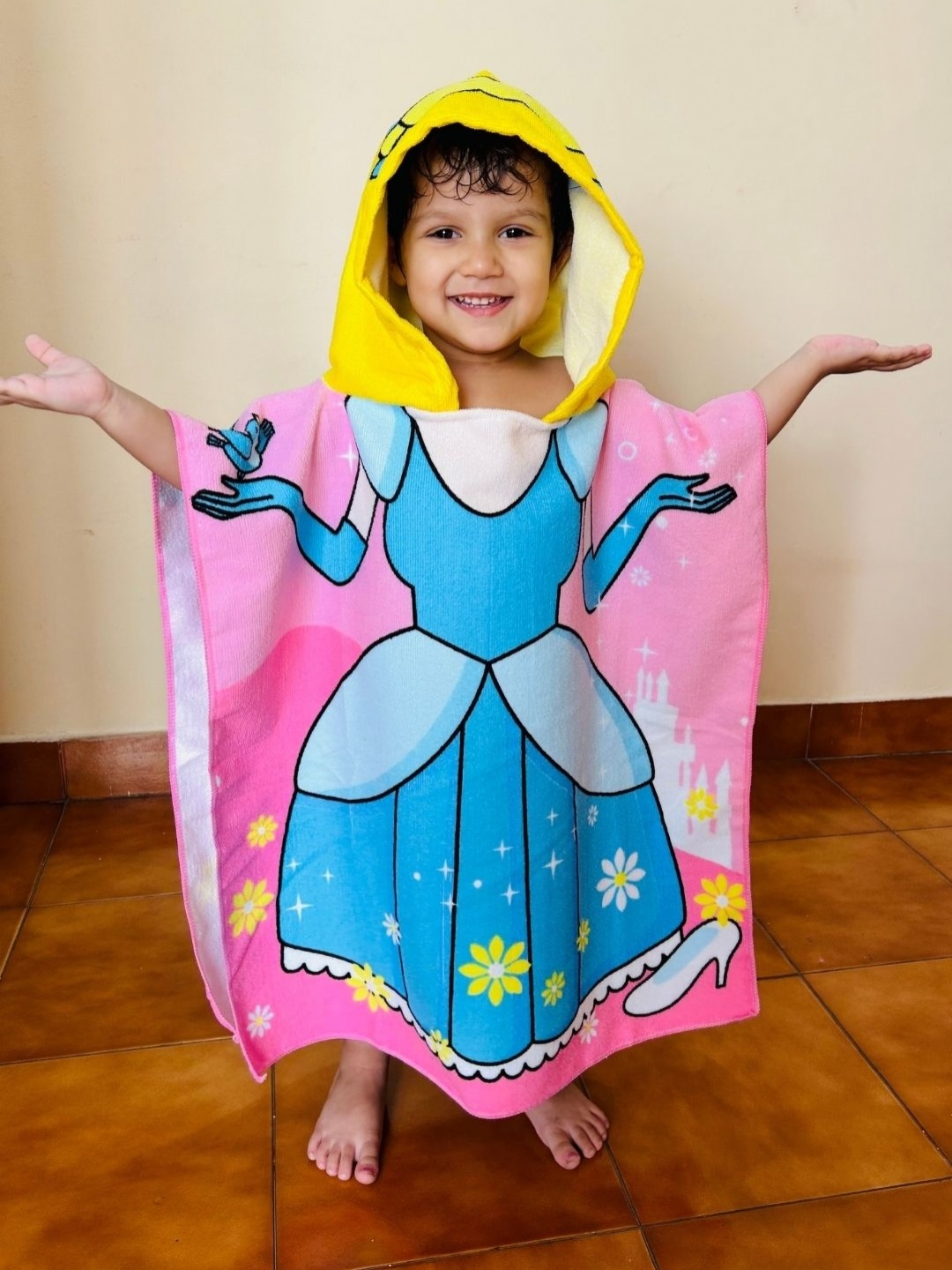 

Famyo Pink & Yellow Cute Princess Design Poncho Towel for Kids (1-7 years)