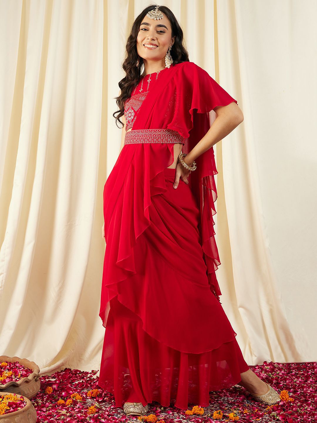 

MABISH by Sonal Jain Pre Draped Saree, Red