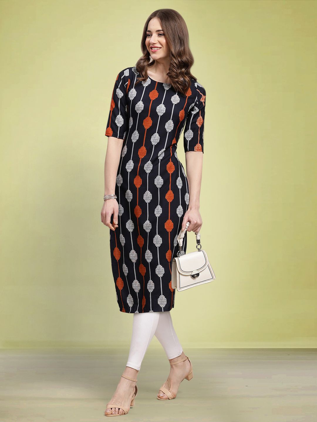 

Moda Rapido Geometric Printed Round Neck Straight Kurta, Black