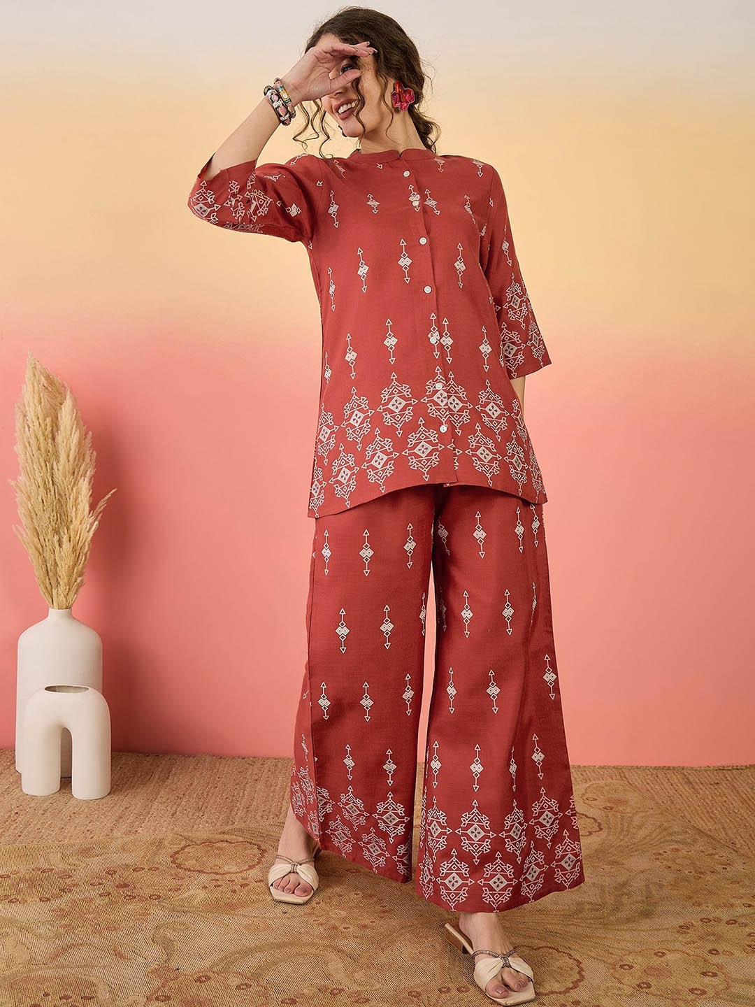

Sangria Rust Ethnic Motifs Printed Mandarin Collar Shirt With Palazzos
