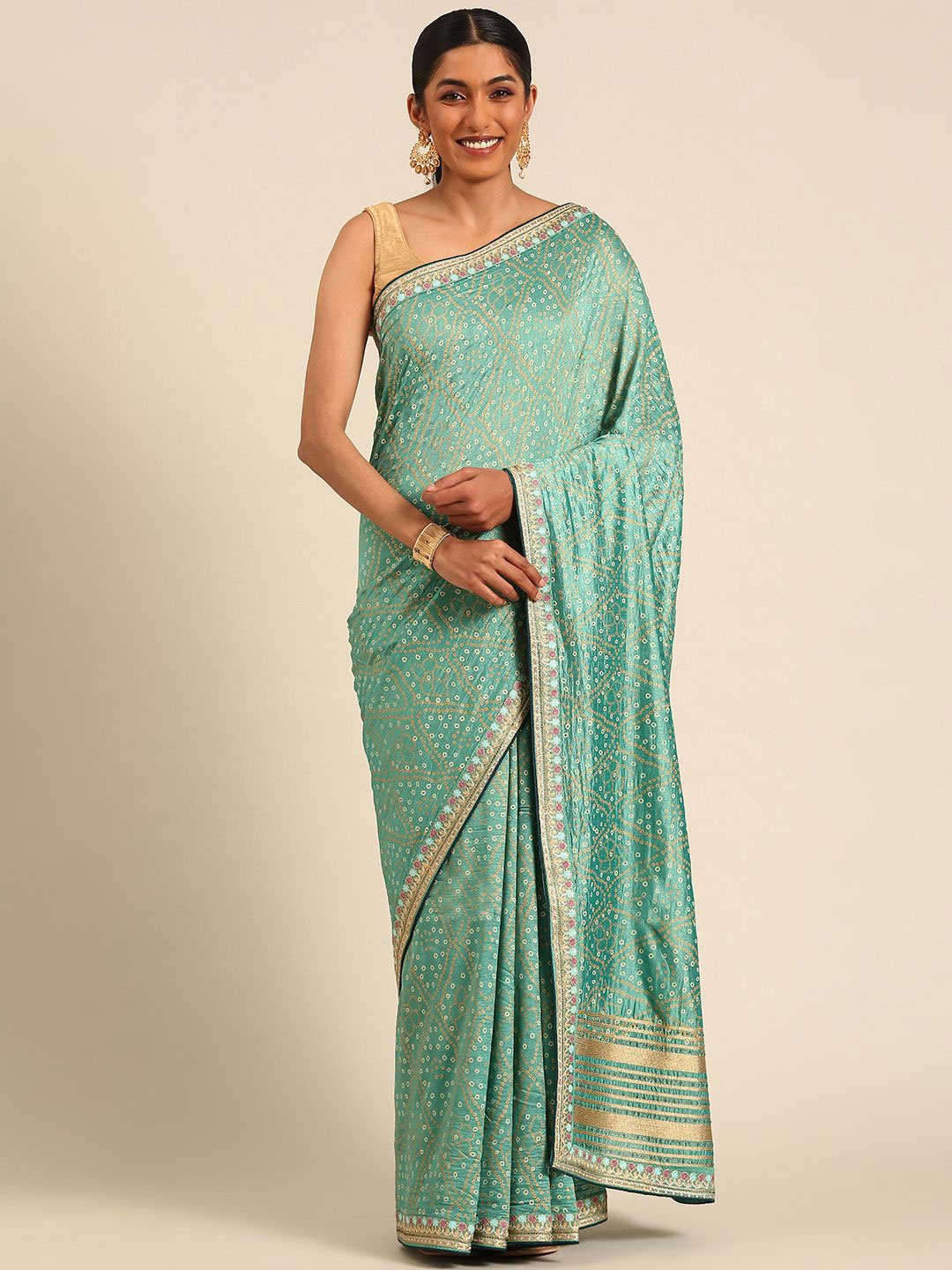 

Panzora Bandhani Embroidered Saree, Green