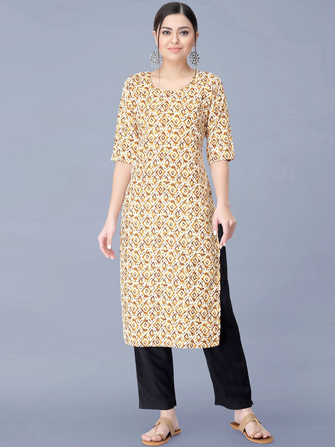 

Moda Rapido Geometric Printed Round Neck Straight Kurta With Trouser, Beige