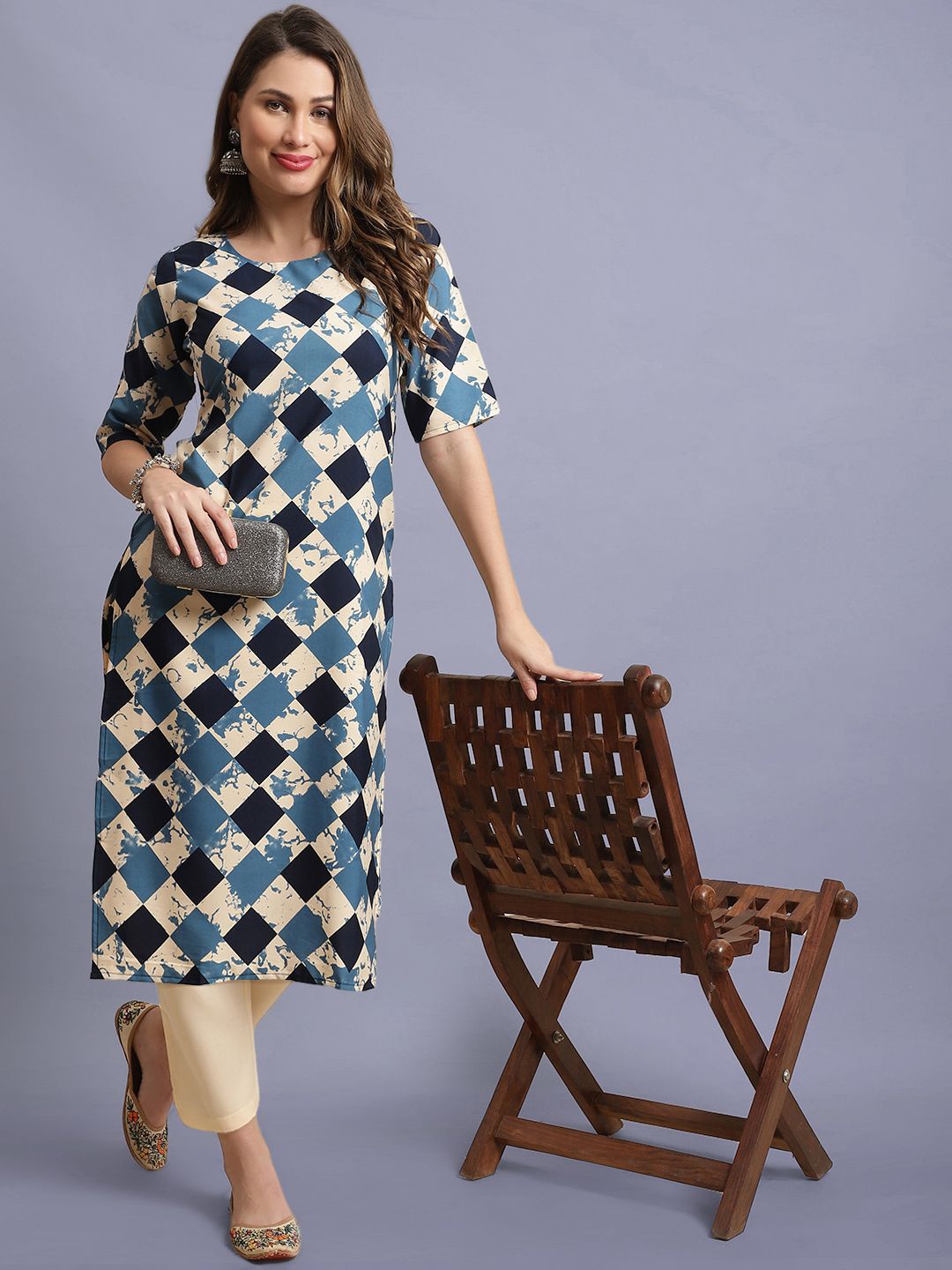 

Moda Rapido Checked Round Neck Straight Kurta With Trousers, Beige