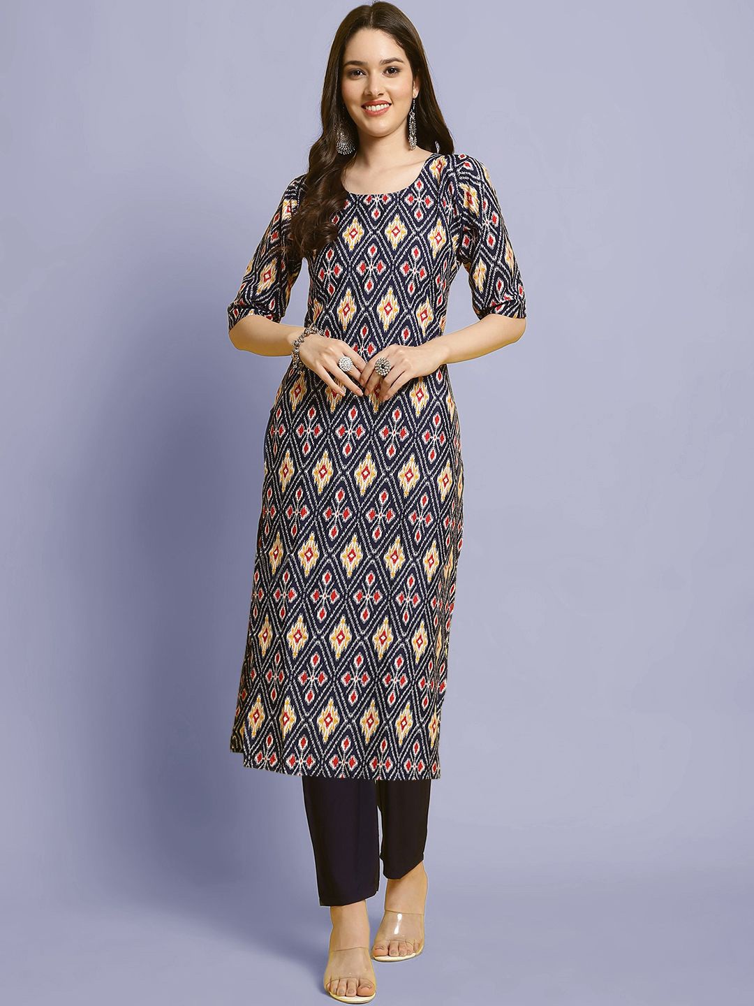 

Moda Rapido Ethnic Motifs Printed Round Neck Straight Kurta With Trousers, Navy blue