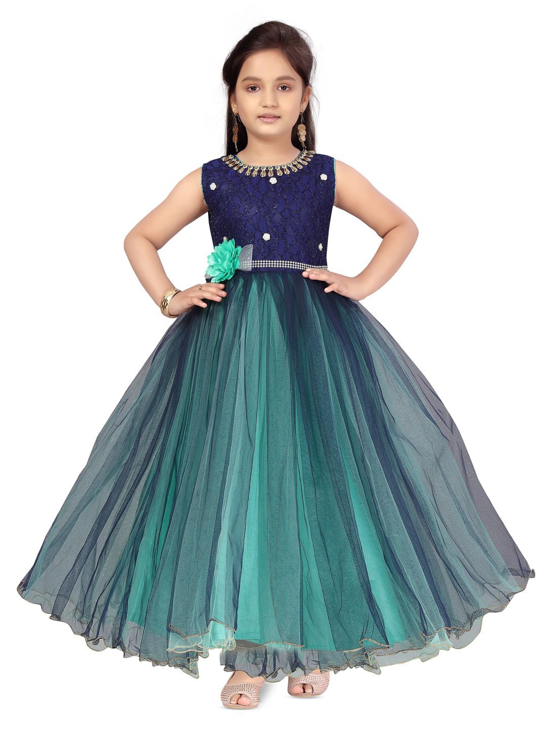 

YK Girls Embellished Net Gown Maxi Dress, Green