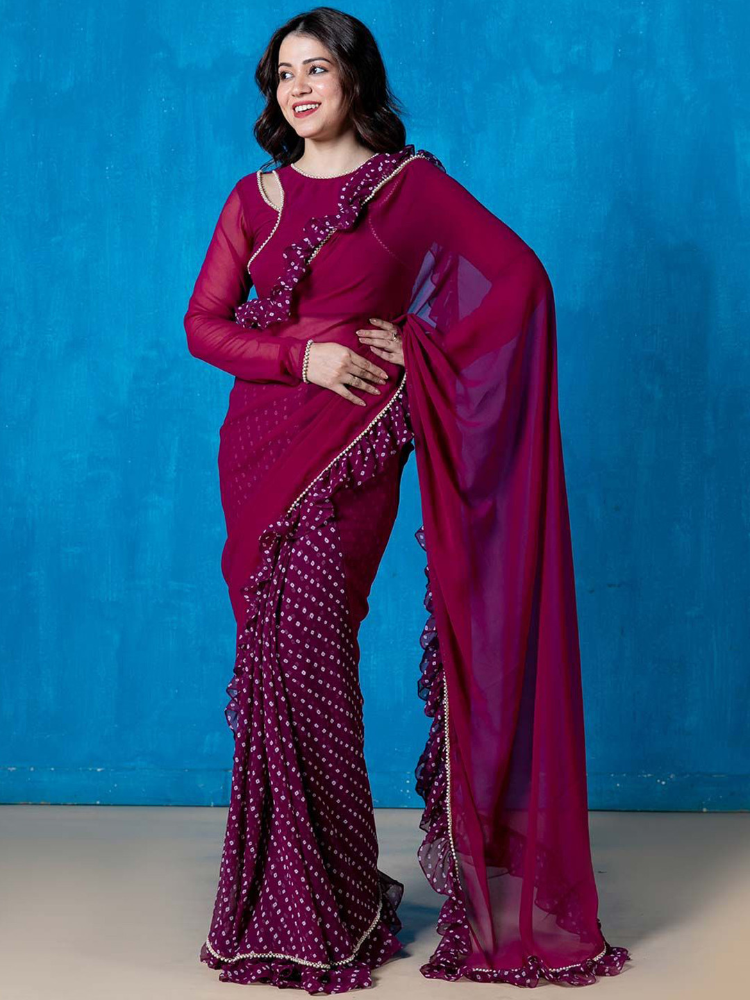 

NUD Bandhani Printed Organza Half & Half Ruffles Redy to Wear Saree, Violet