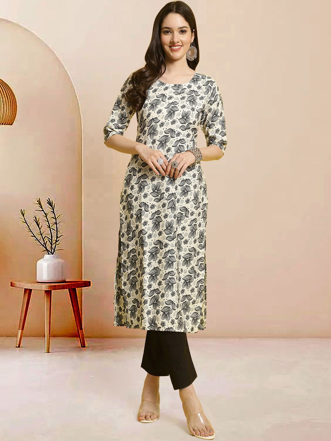 

Moda Rapido Floral Printed Round Neck Straight Kurta With Trouser, Cream