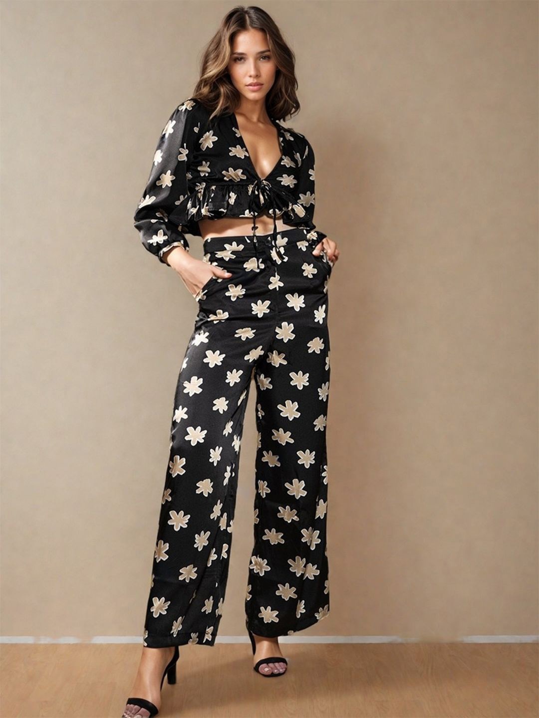 

DressBerry Floral Printed V-Neck Top & Trouser, Black