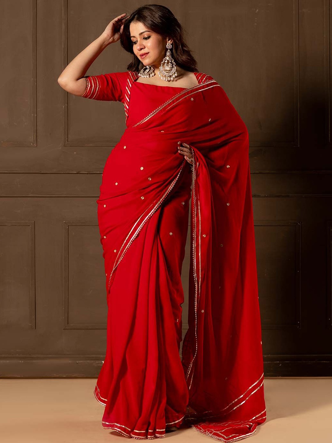 

NUD Embroidered Square Neck Saree Blouse, Red