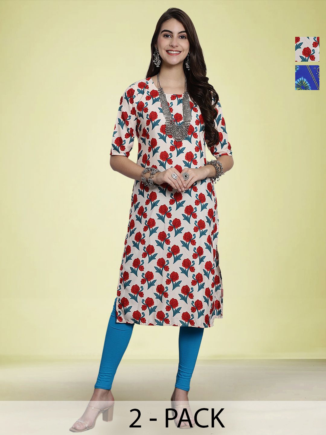 

Moda Rapido Selection of 2 Floral Printed Round Neck Straight Kurtas, White