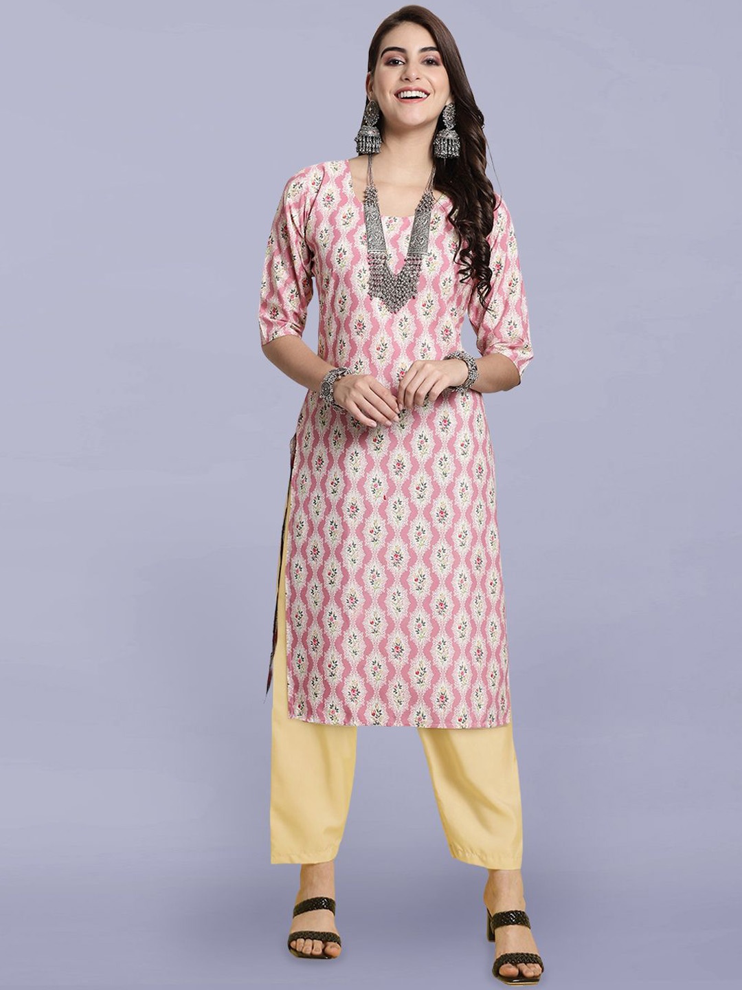 

Moda Rapido Floral Printed Round Neck Straight Kurta With Trousers, Peach