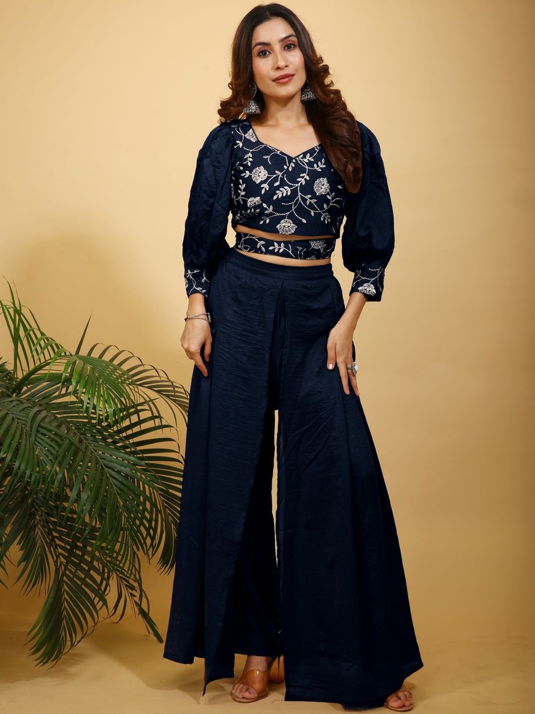 

SANCIA Embroidered Sweetheart Neck Crop Top With Palazzos, Navy blue