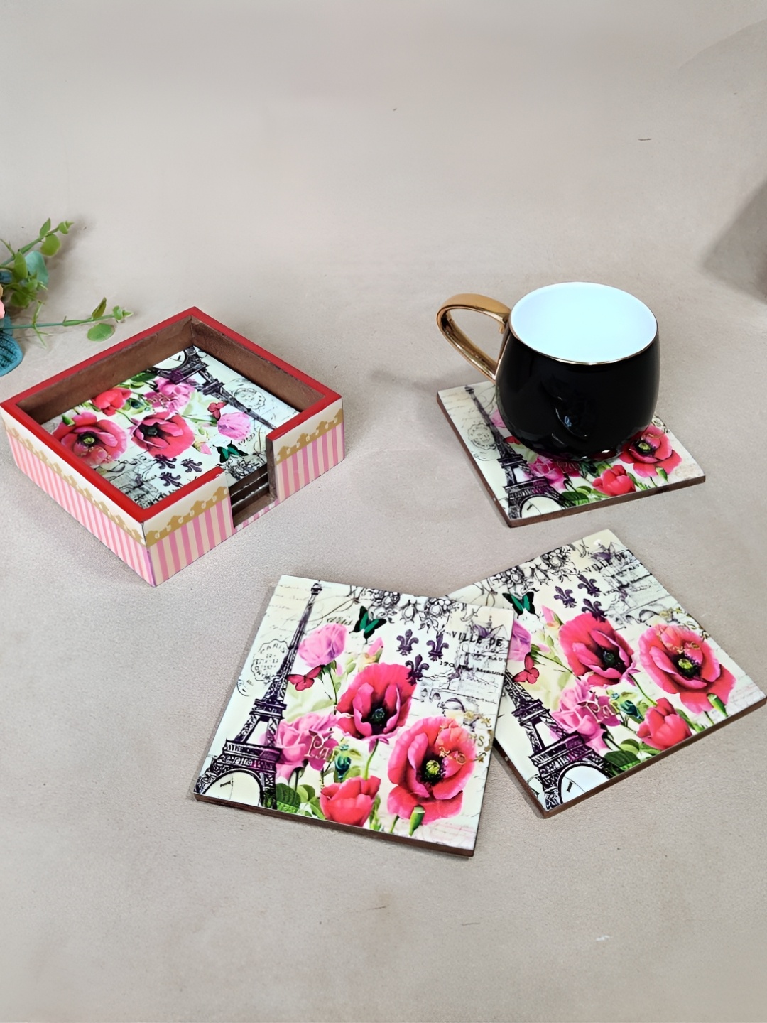 

THE HOME CO. Cream & Pink 6 Pieces Floral Printed Wooden Square Shaped Coasters