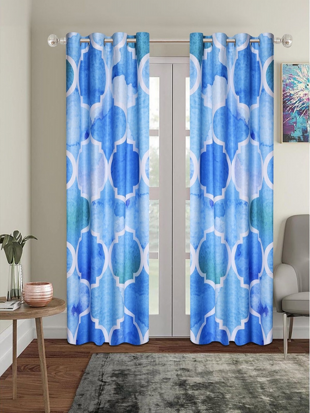 

Myntra Elegant Homes Blue & White 2 Pieces Geometric Printed Room Darkening Door Curtain