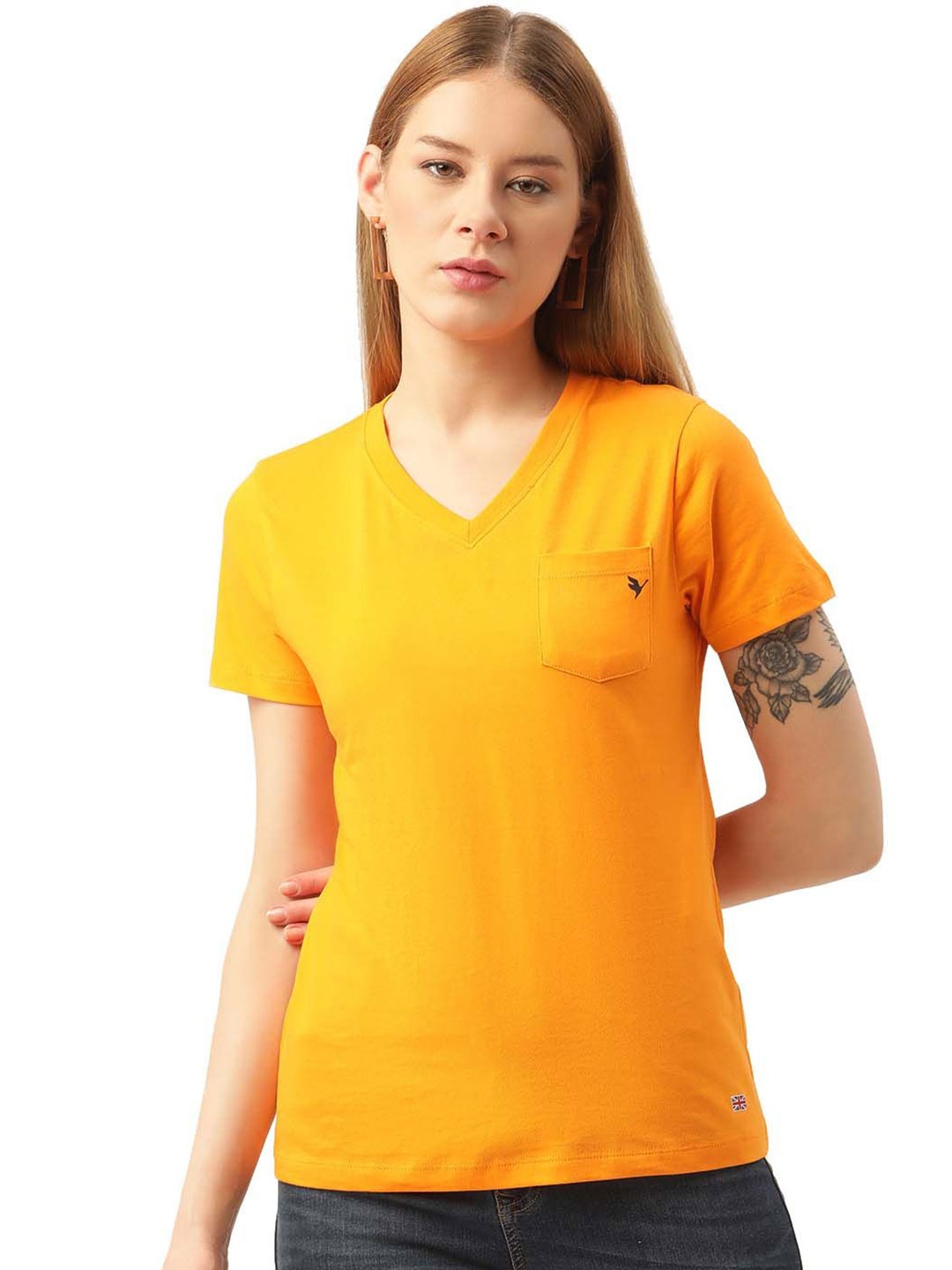 

AMSWAN Women V-Neck Pocket Detail Cotton T-shirt, Yellow