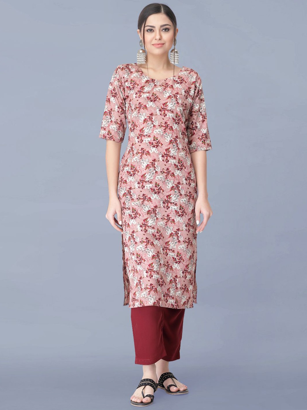 

Moda Rapido Floral Printed Round Neck Straight Kurta With Trousers, Peach