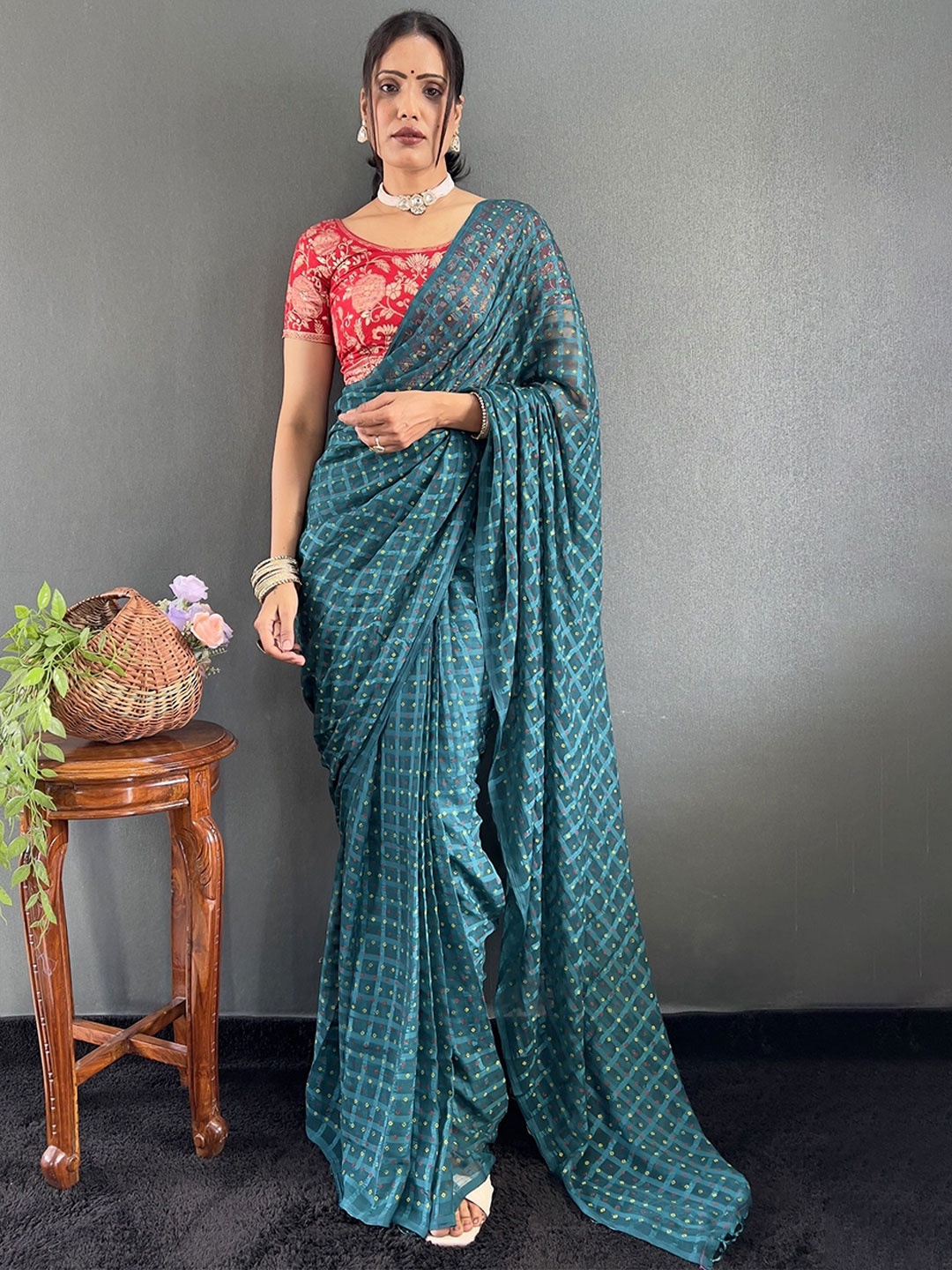 

JULEE Polka Dot Pure Chiffon Saree, Teal