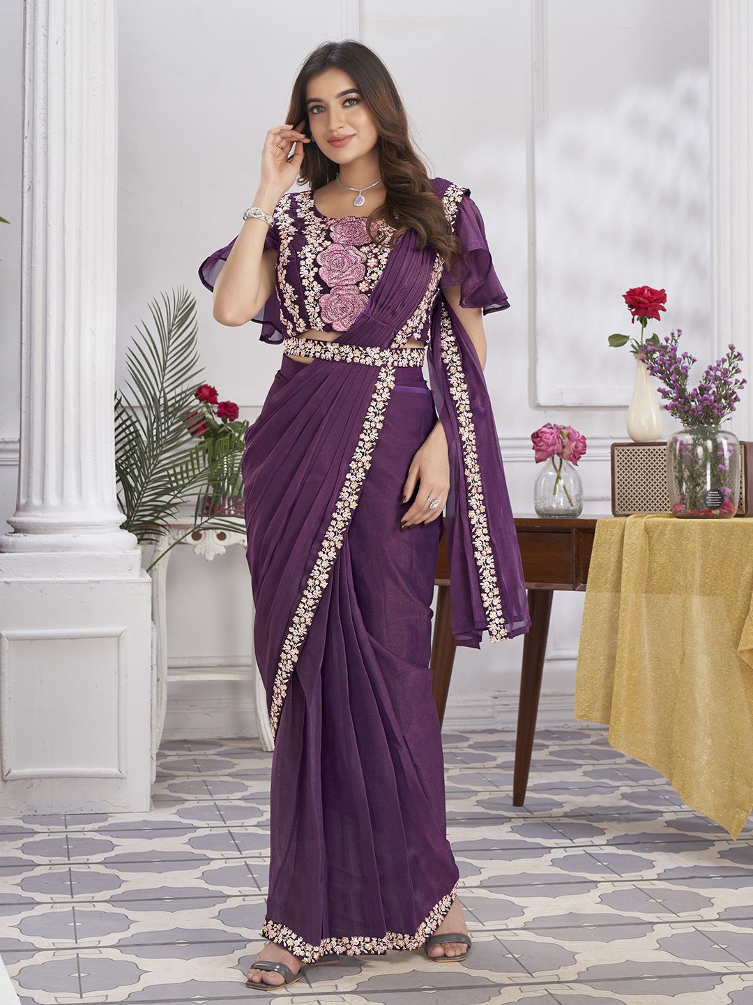 

Krimmple Solid Floral Pure Georgette Ready to Wear Saree, Purple