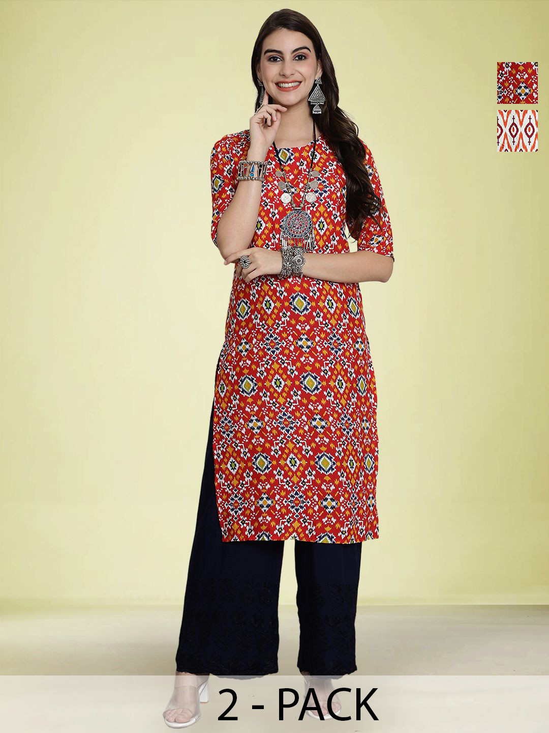 

Moda Rapido Selection Of 2 Geometric Printed Round Neck Straight Kurtas, Red