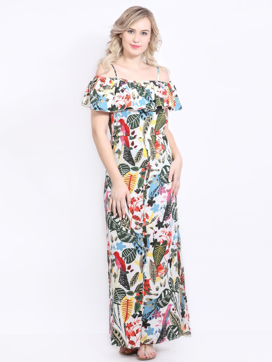 

DELIS Women Floral Printed Georgette A-Line Maxi Dress, White