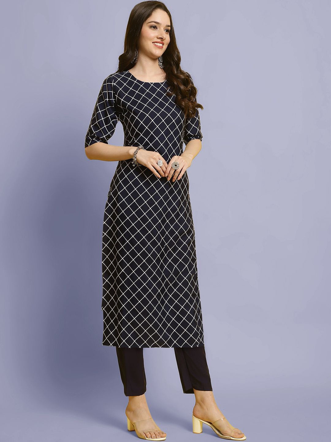

Moda Rapido Checked Printed Round Neck Straight Kurta With Trousers, Navy blue