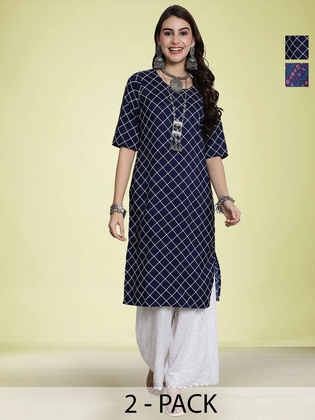 

Moda Rapido Selection of 2 Geometric Printed Round Neck Straight Kurtas, Navy blue