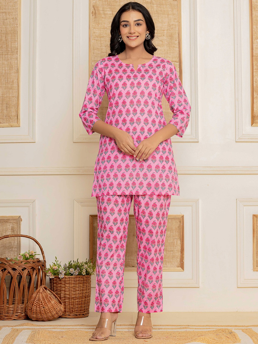 

Bhoolft Women Printed Pure Cotton Top With Trousers Pure Cotton Co-Ords, Pink