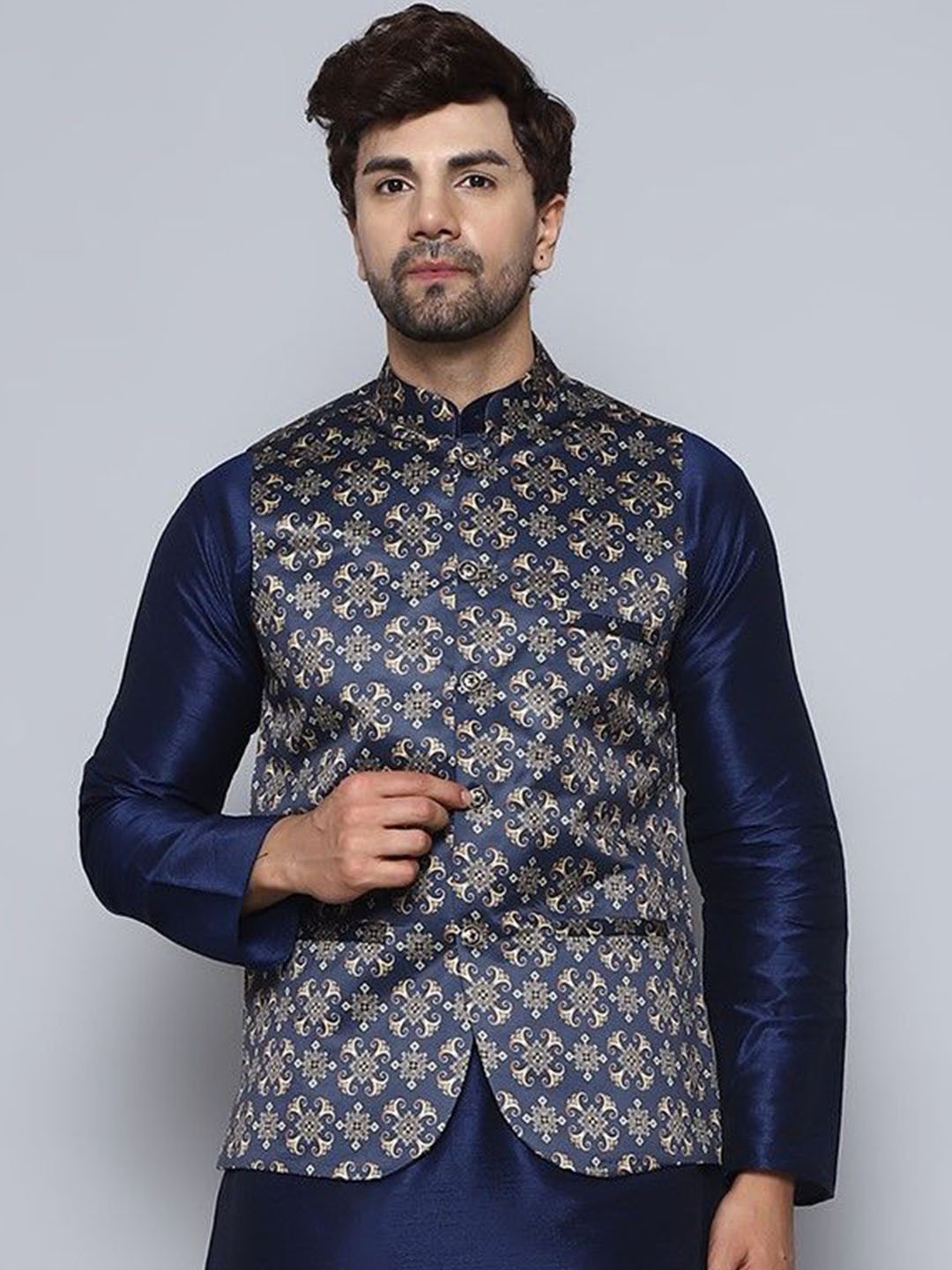 

BANHUSSAIN Men Digital Printed Nehru Jacket, Blue
