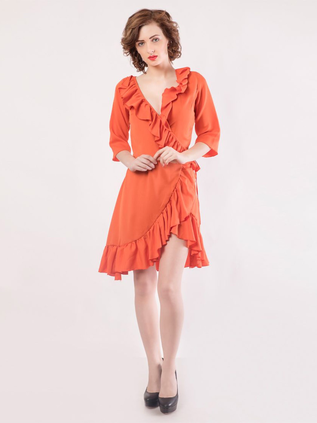 

DELIS Women V-Neck Ruffled A-Line Dress, Orange