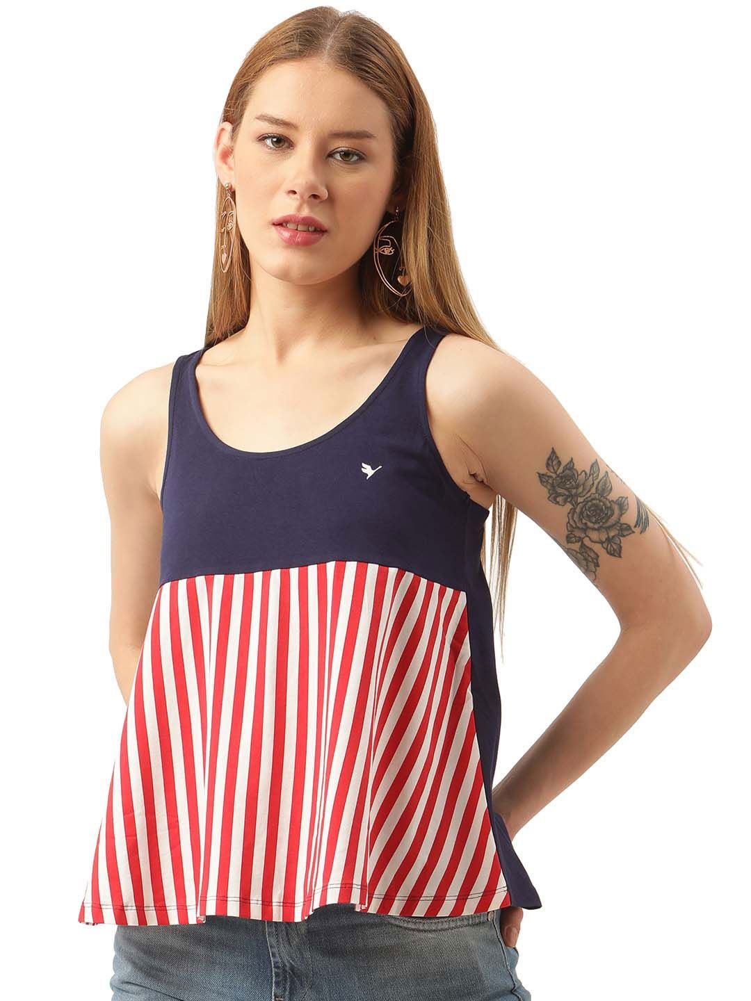 

AMSWAN Cotton Striped Sleeveless A-Line Top, Navy blue