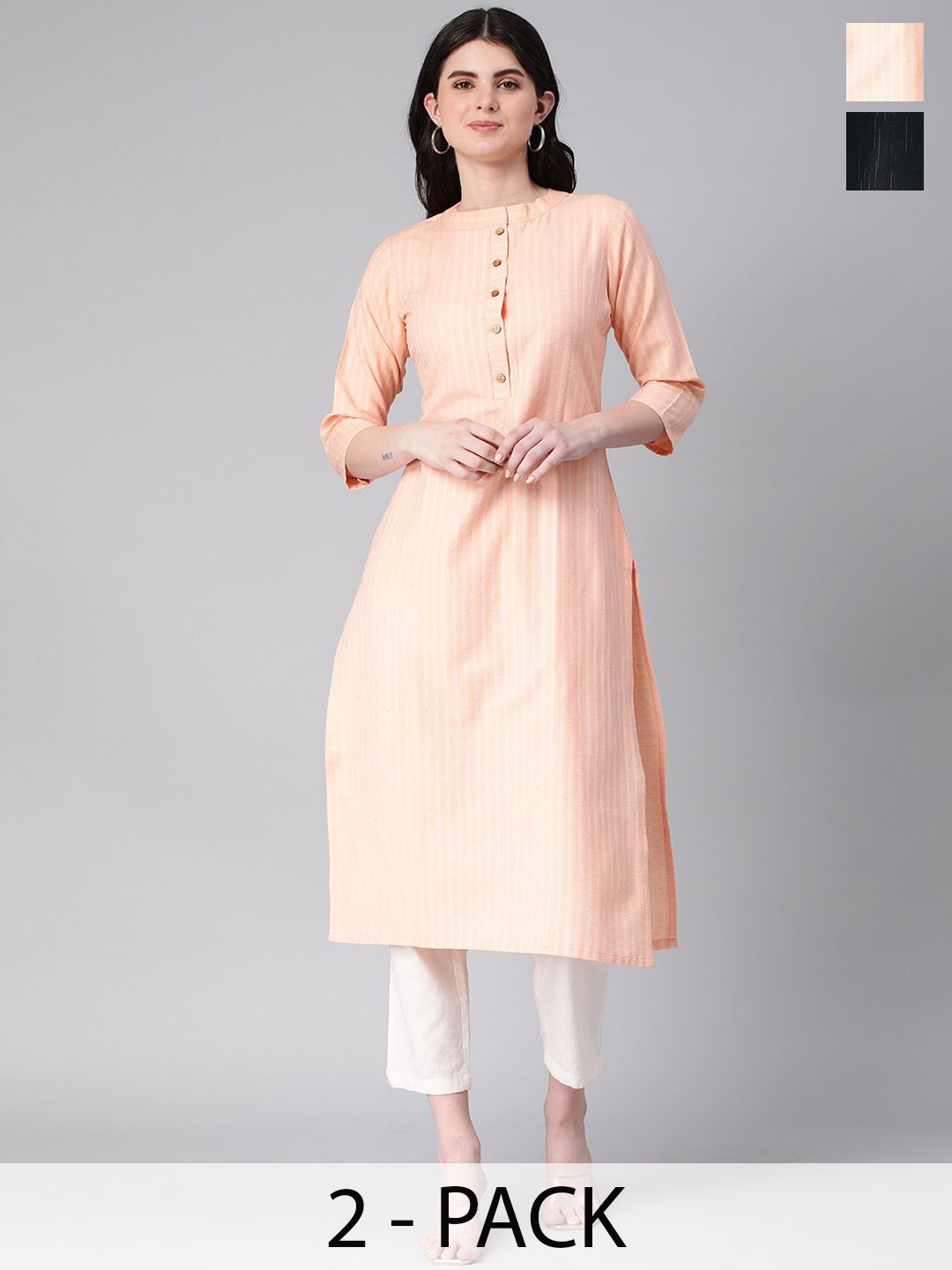 

KALINI Selection Of 2 Striped Mandarin Collar Straight Kurtas, Peach