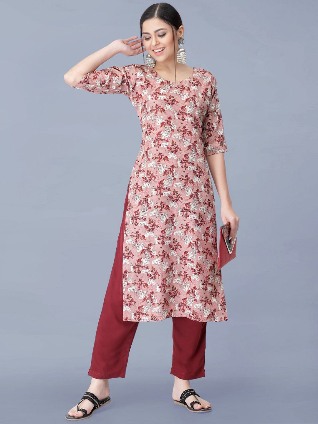 

Moda Rapido Floral Printed Round Neck Straight Kurta With Trousers, Peach