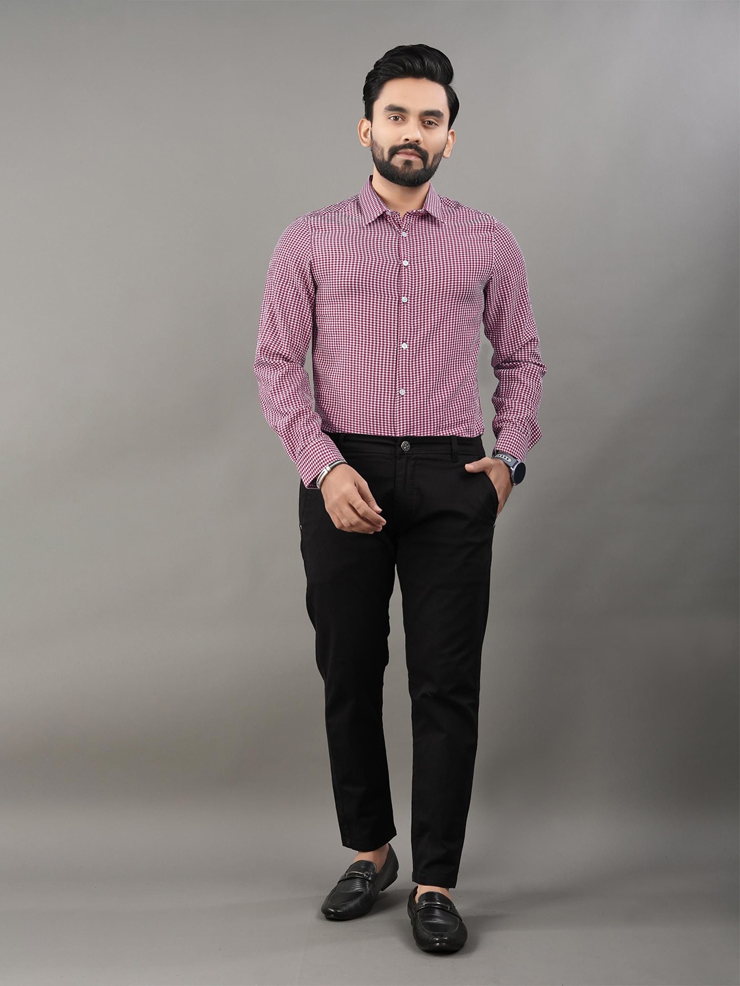 

TERAXO Men Premium Slim Fit Spread Collar Micro Checked Formal Shirt, Pink