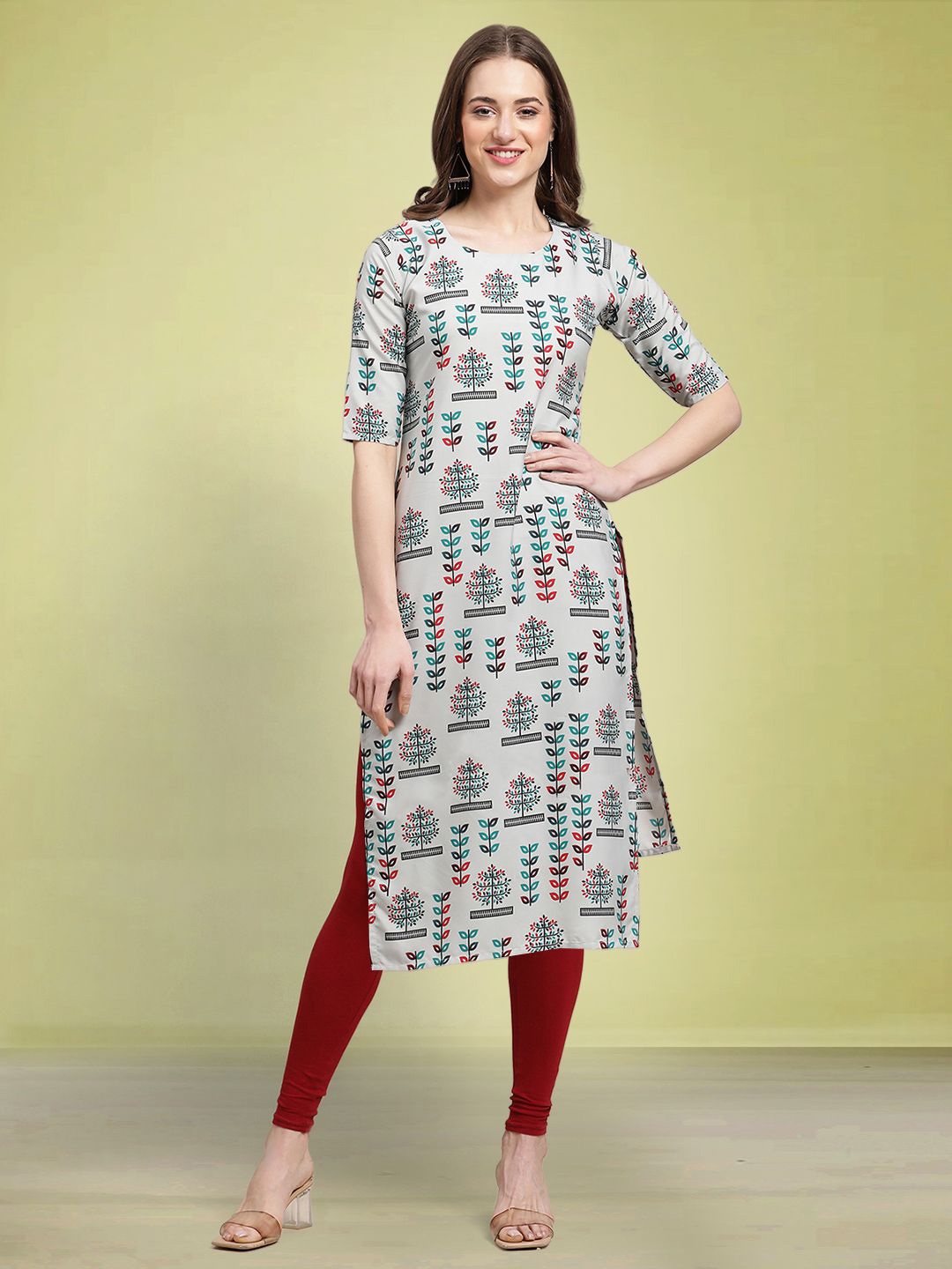 

Moda Rapido Floral Printed Round Neck Straight Kurta, Grey