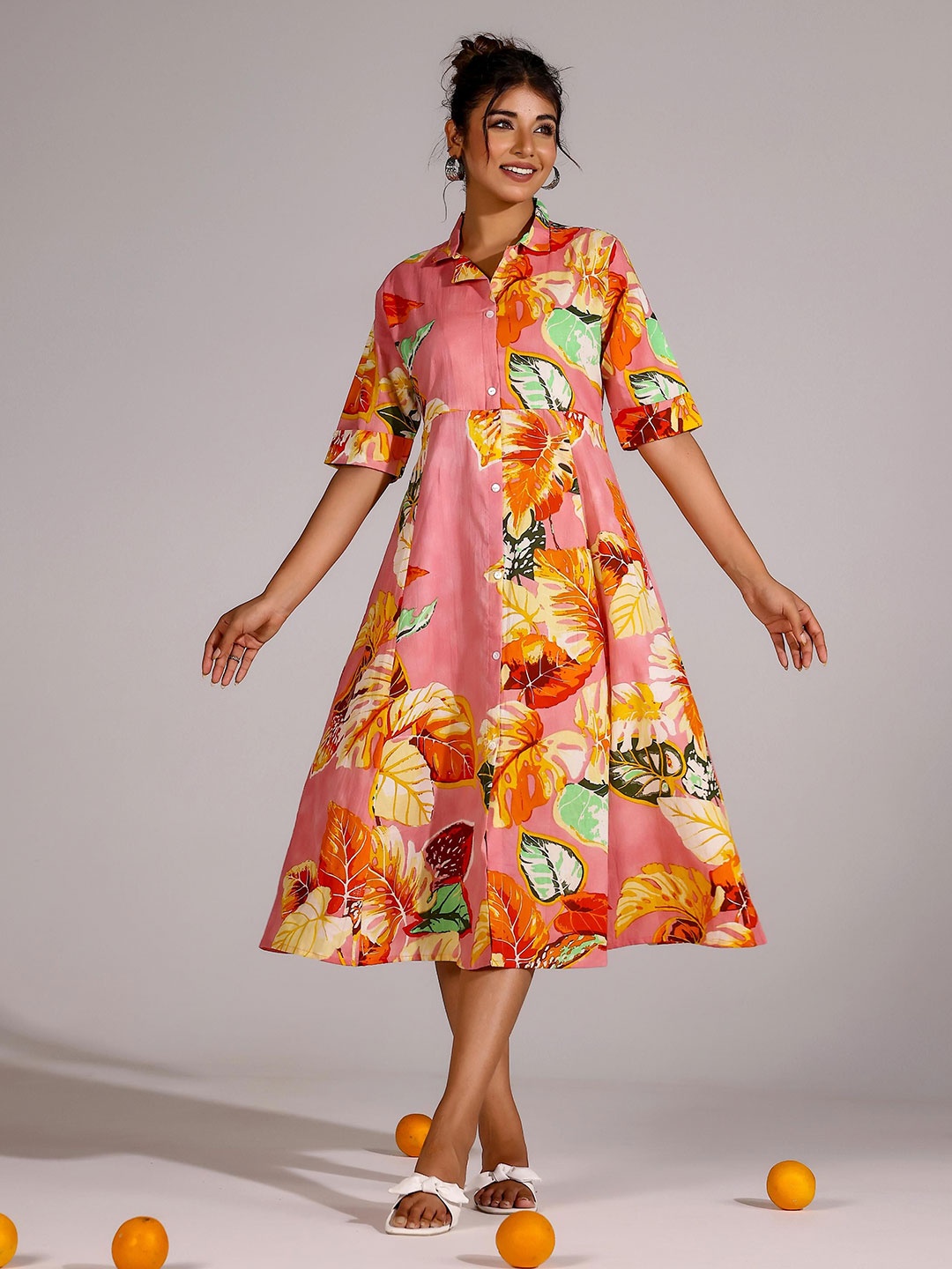 

LABEL FLAVIA Tropical Printed Cotton Shirt Midi Dress, Pink
