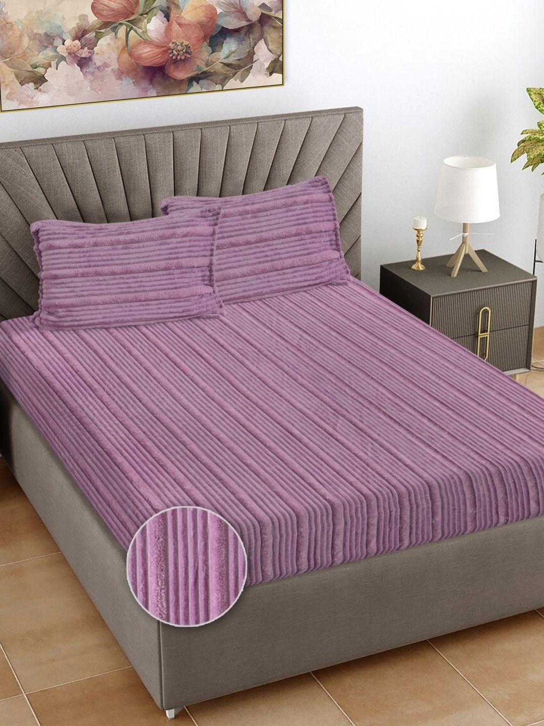 

FABINALIV Purple Striped 300 TC Woollen King Bedsheet Set 2.5m x2.25 m