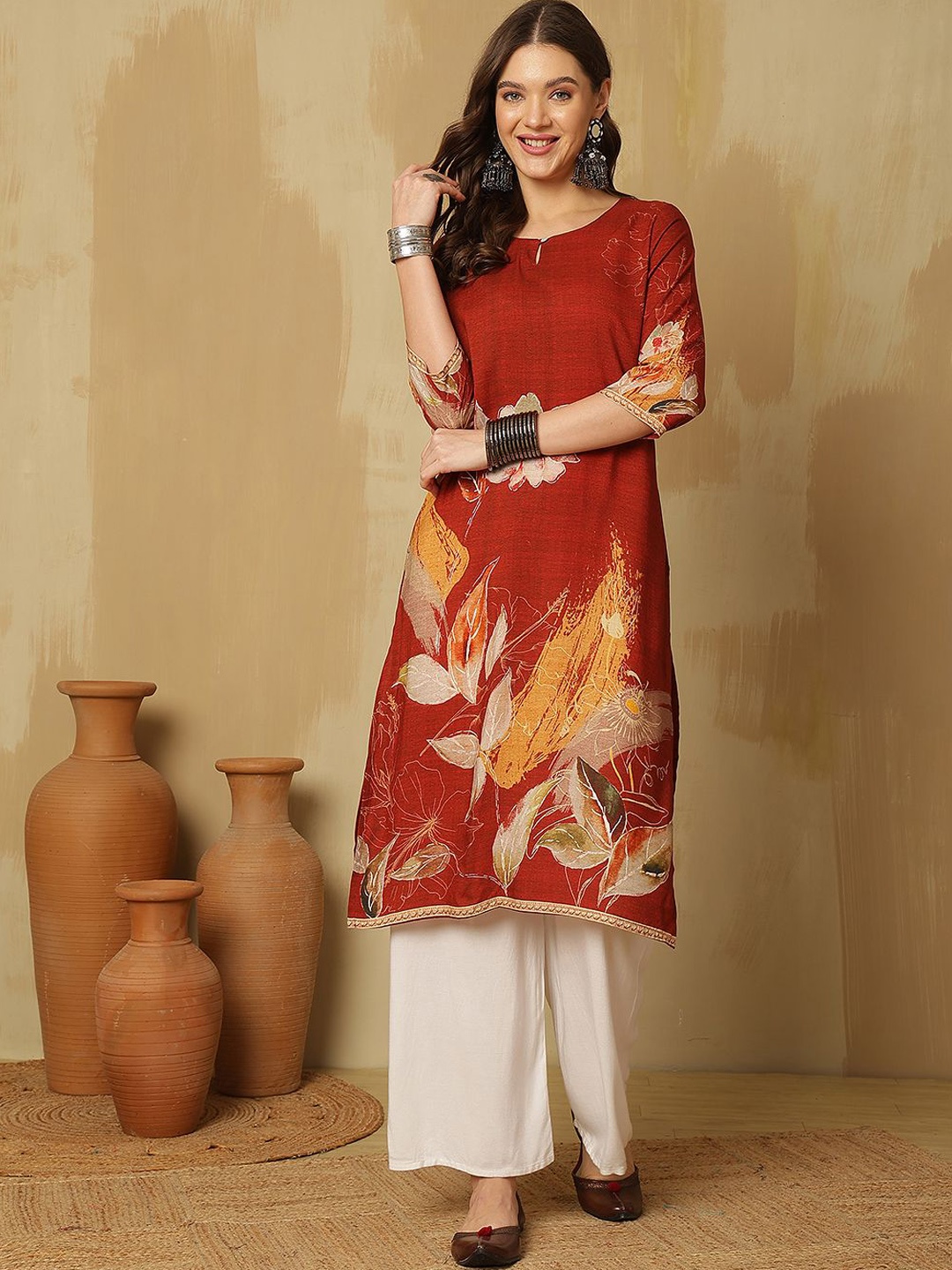 

Anouk Rust And Yellow Floral Printed Keyhole Neck Straight Kurta