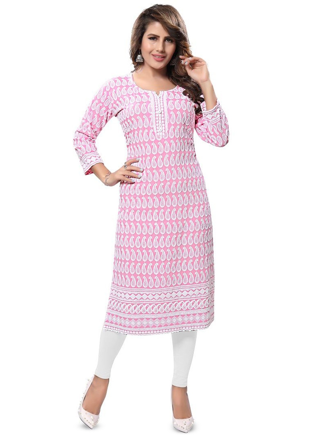 

DREAM & DZIRE Paisley Embroidered Chikankari Notch Neck Pure Cotton Straight Kurta, Pink