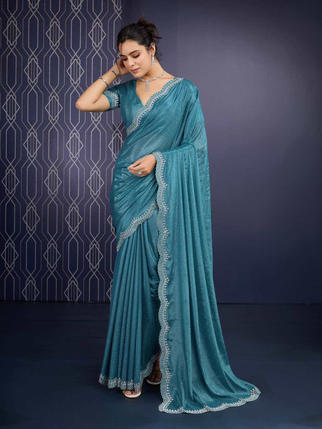 

Meena Bazaar Embellished Beads and Stones Saree, Blue