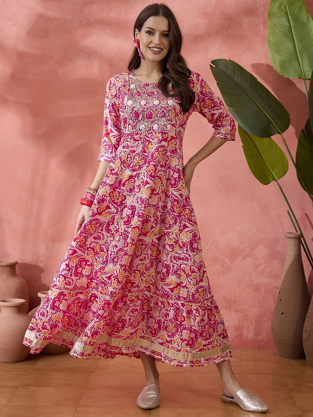 

Sangria Printed & Embroidered Pure Cotton Tiered Ethnic Dress, Pink