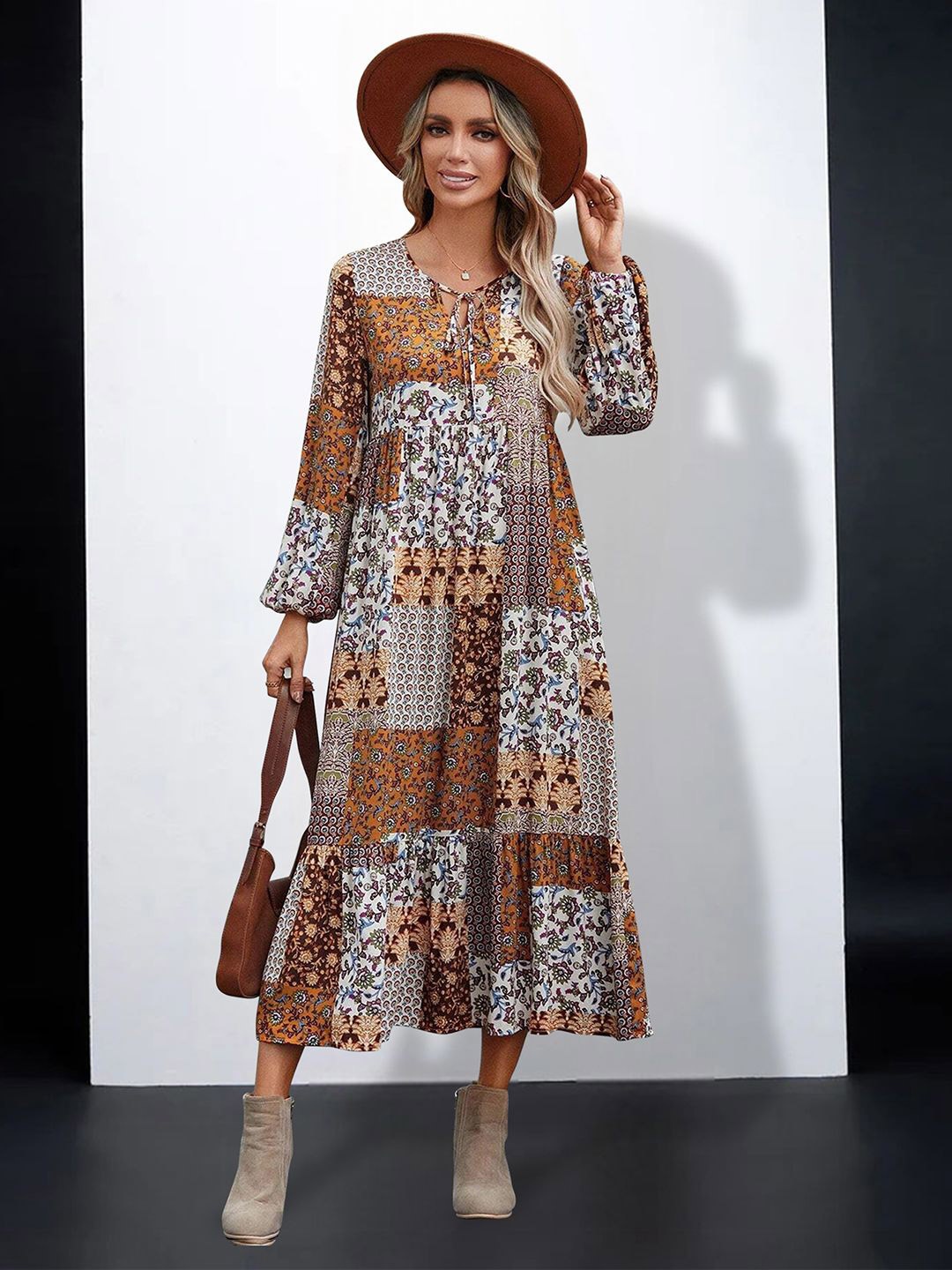 

MISS AYSE Floral Print Tie-Up Neck Applique Fit & Flare Dress, Multi