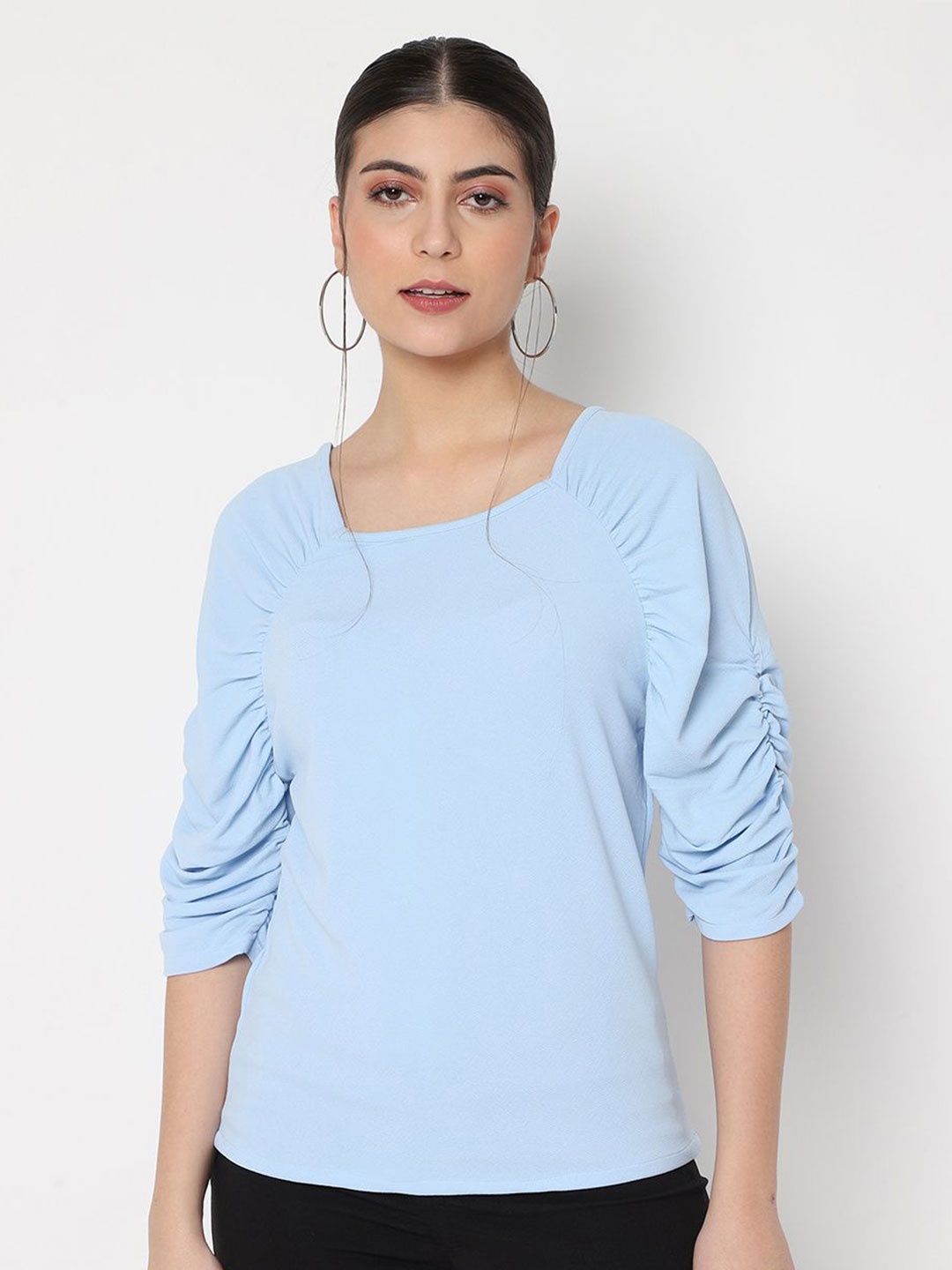 

AVANOVA Women Puff Sleeves Square Neck Top, Turquoise blue