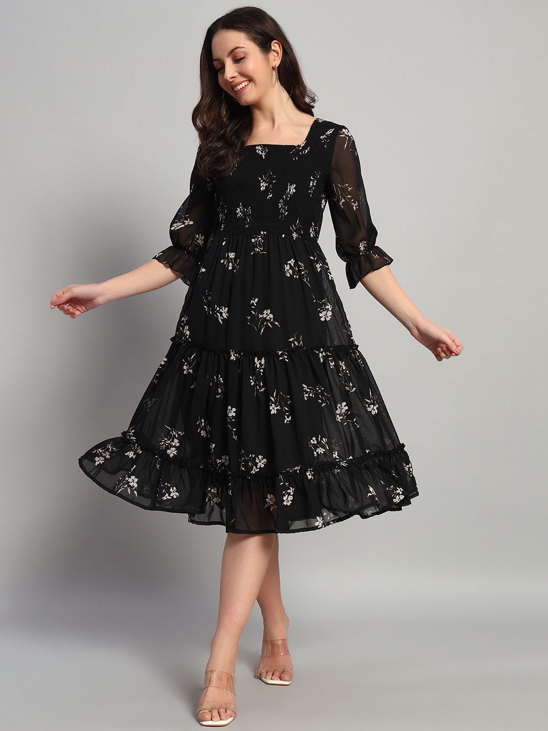 

WISSTLER Women Floral Printed Fit & Flare Midi Dress, Black