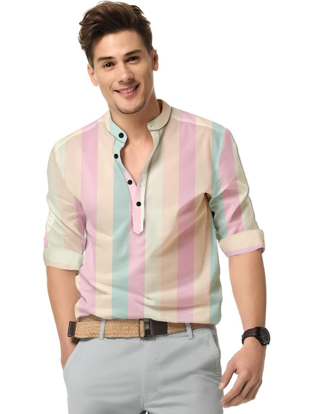 

ISUEL FAB Men Vertical Striped India Slim Fit Casual Shirt, Beige