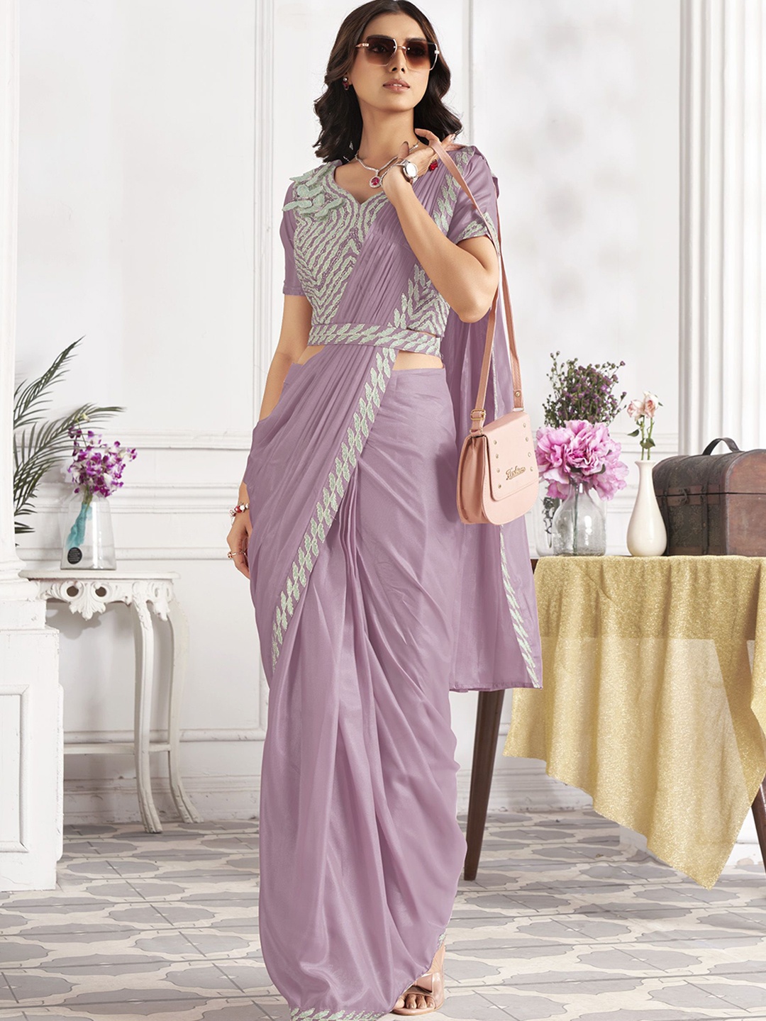 

Krimmple Beads and Stones Ready to Wear Saree, Mauve