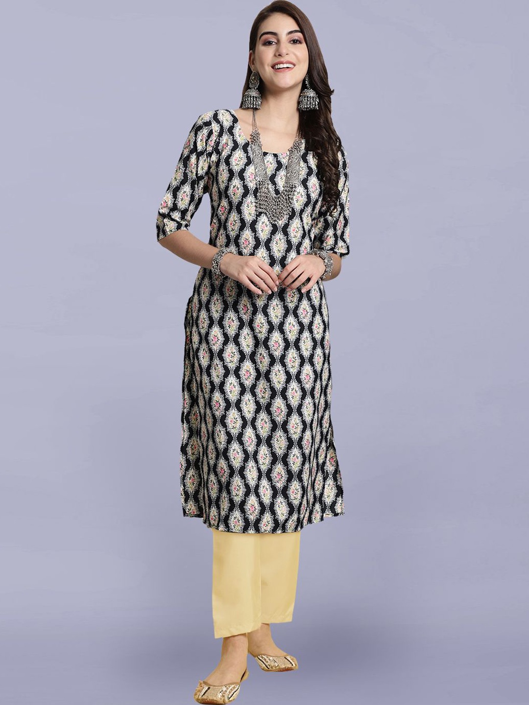 

Moda Rapido Floral Printed Round Neck Straight Kurta With Trouser, Black