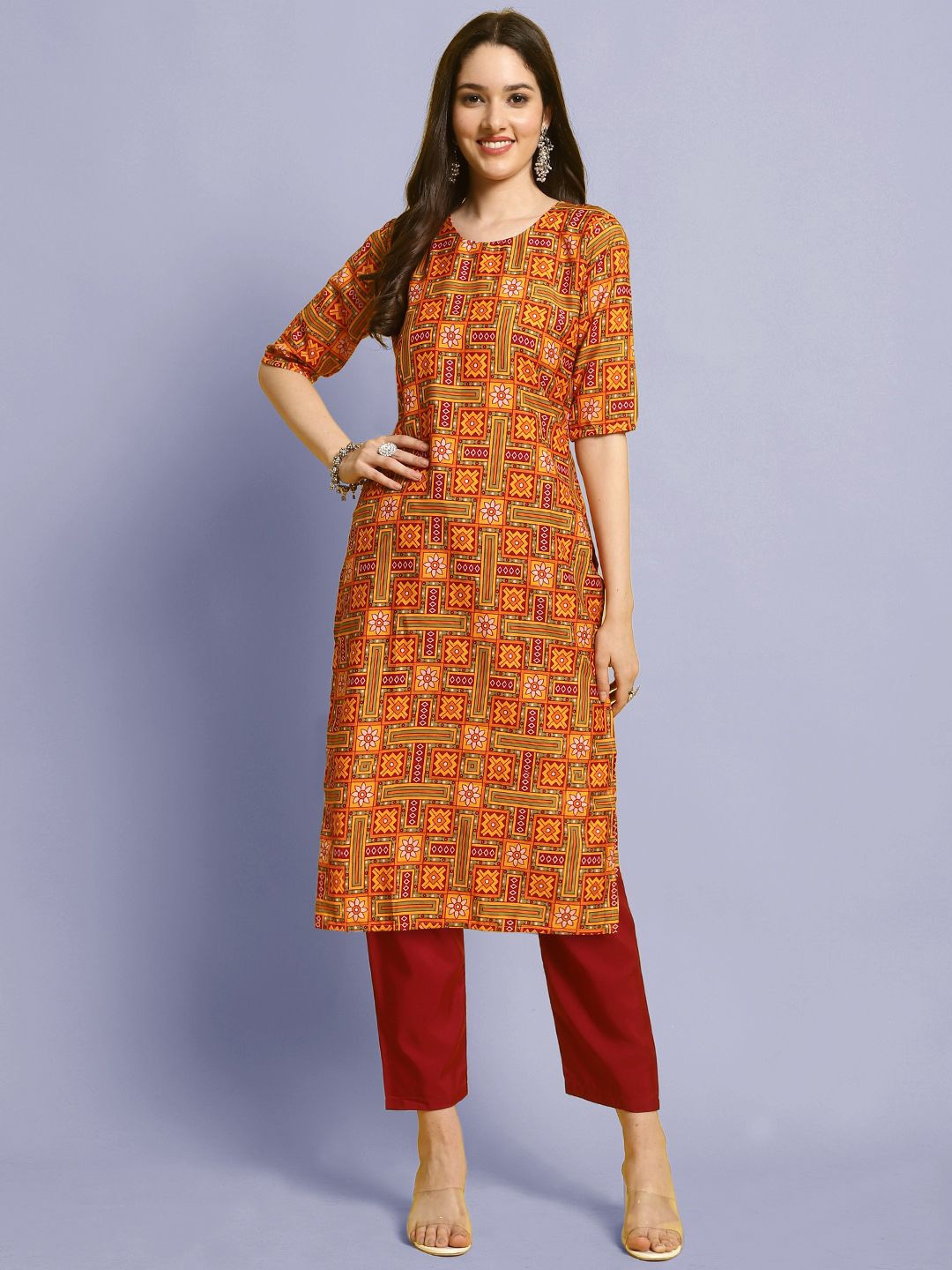 

Moda Rapido Ethnic Motifs Printed Round Neck Straight Kurta With Trousers, Yellow