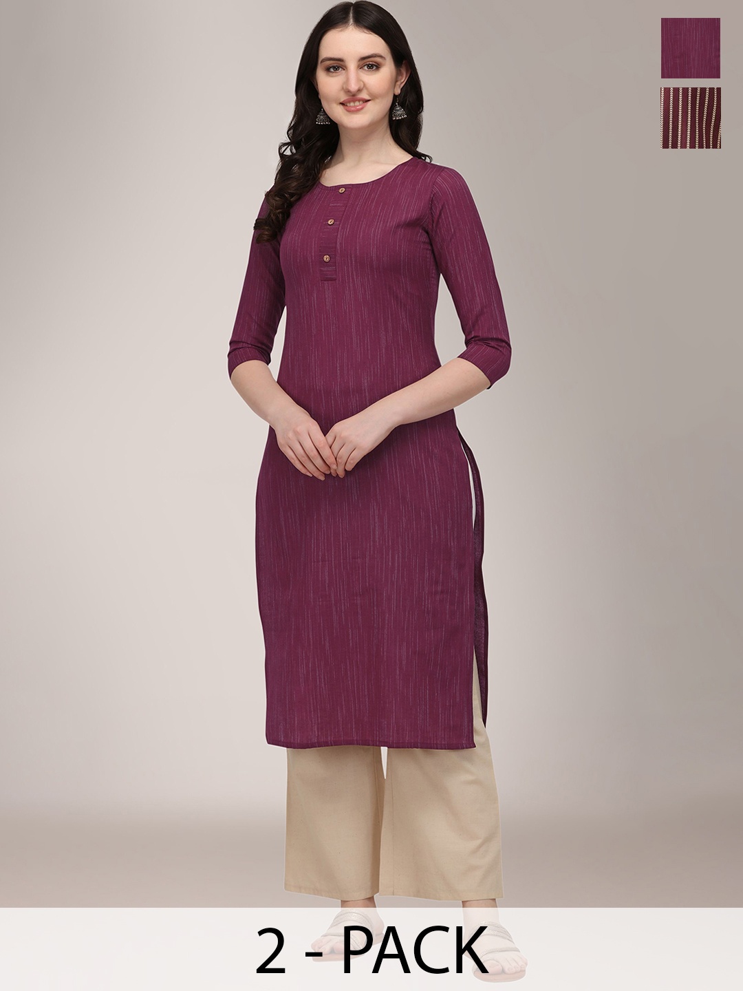 

KALINI Selection Of 2 Round Neck Straight Kurtas, Maroon