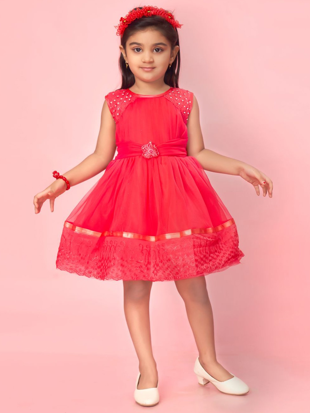 

Sangria Girls Self-Designed Sleeveless Net Fit and Flare Frock, Pink